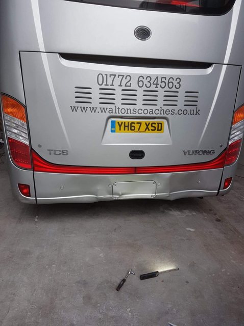 Coach rear bodywork damage